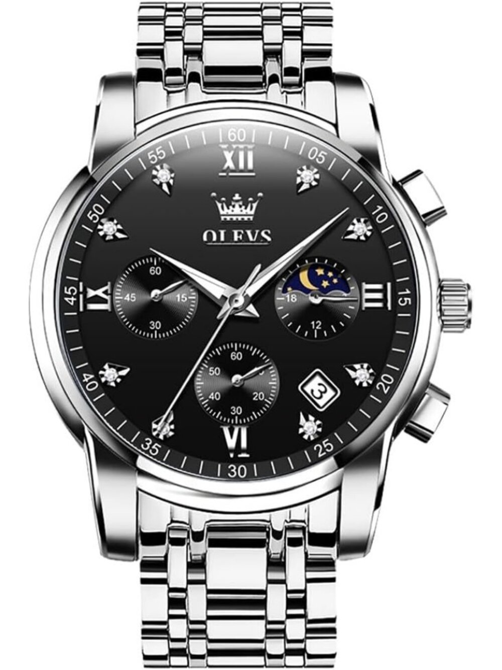 OLEVS Men's Silver Black Dress Watch Stainless Steel Luminous Waterproof Watch
